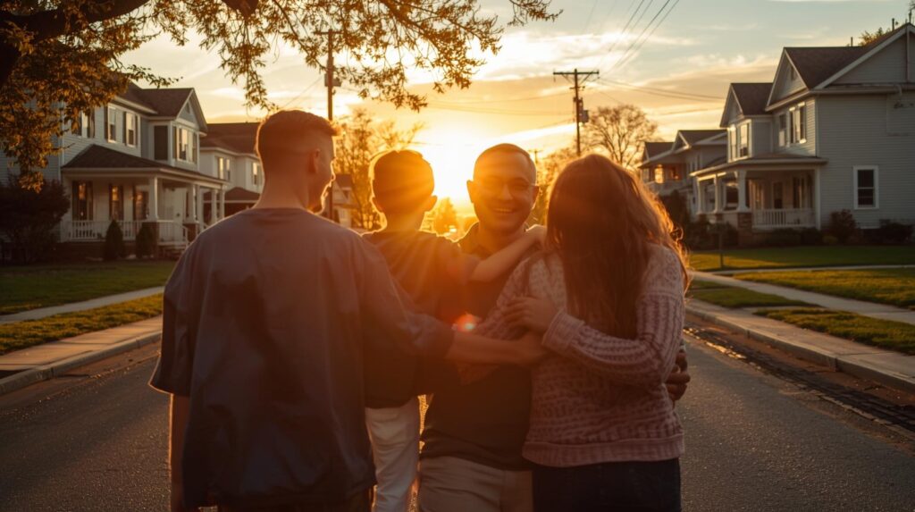 ביניינים בארצות הברית עם משפחה מאושרת ברקע