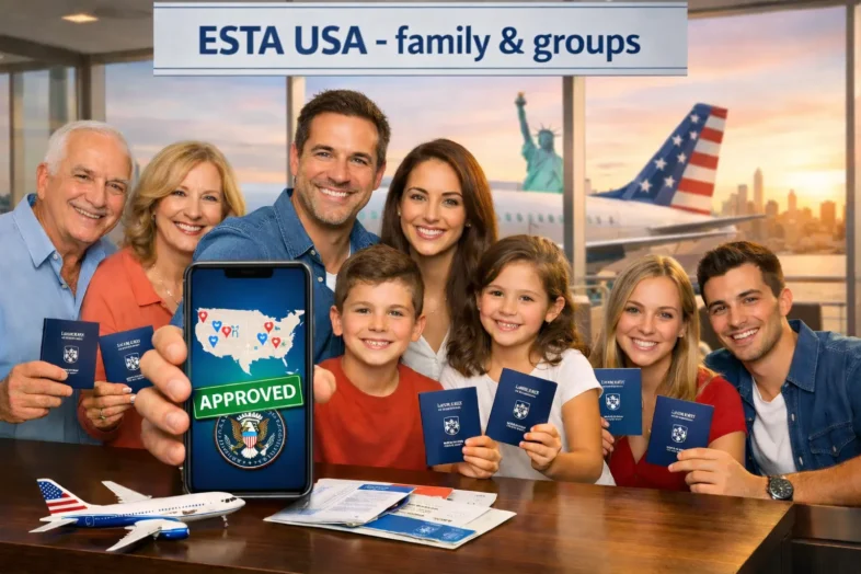 תמונה המציגה משפחה ישראלית וקבוצת חברים מאושרים בטרמינל נמל תעופה, מחזיקים דרכונים ומסתכלים על סמארטפון המציג אישור ESTA לארה"ב מאושר. ברקע פסל החירות.