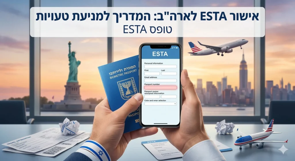 צילום תקריב של דרכון ישראלי וסמארטפון המציג טופס ESTA עם סימון אזהרה אדום על שדה שגוי. ברקע מטושטש נמל תעופה וקו הרקיע של ניו יורק.