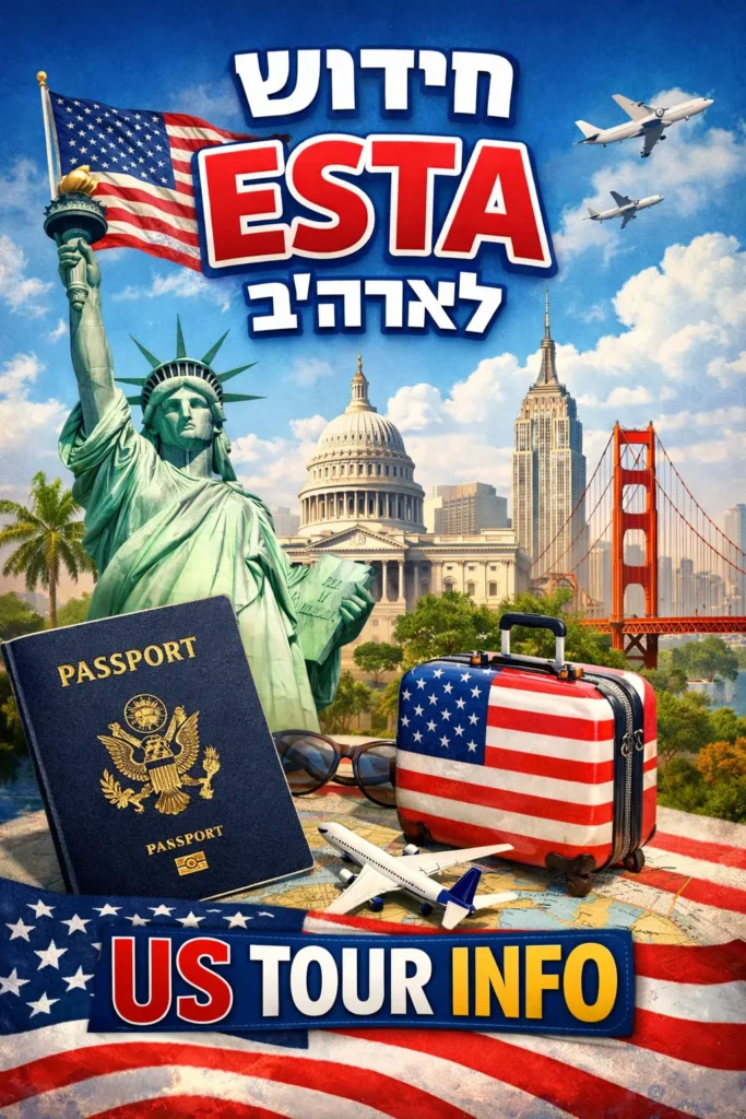חידוש ESTA לארה״ב – מידע על אישור כניסה לארצות הברית עם US TOUR INFO, דרכון, מטוס ודגל ארה״ב