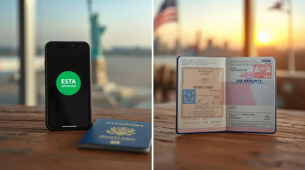 תמונה המשווה בין אישור ESTA אלקטרוני לבין ויזת תייר מסורתית בדרכון, עבור נוסעים ישראלים המתכננים טיסה לארצות הברית.