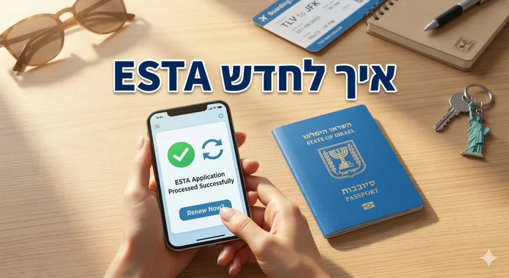 טלפון נייד המציג מסך אישור וחידוש לצד דרכון ביומטרי ישראלי. במרכז מופיע הכיתוב איך לחדש ESTA.