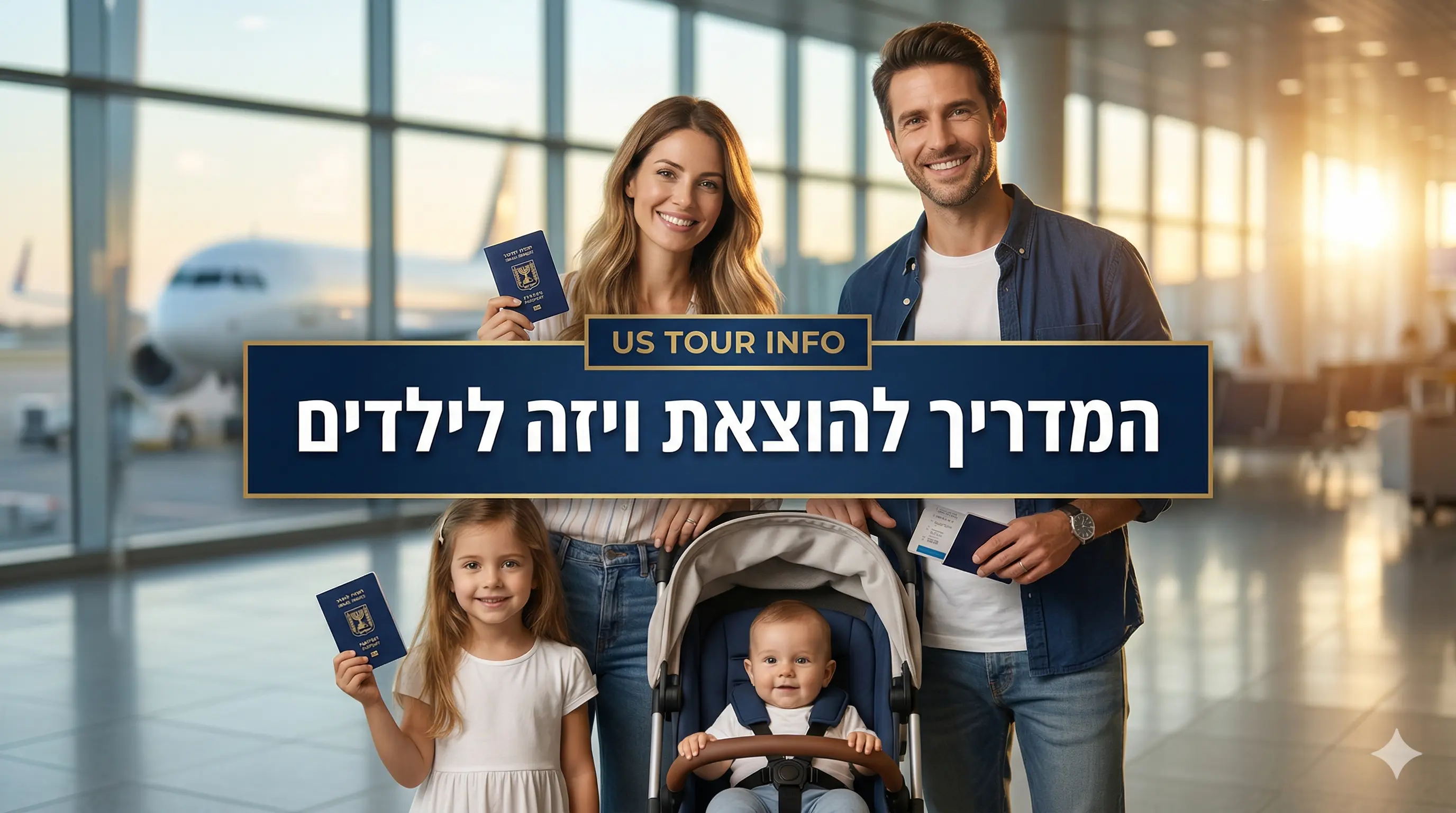 משפחה מאושרת בשדה התעופה עם דרכונים, תמונת שער למדריך המלא על הוצאת ויזה לארה"ב לילדים